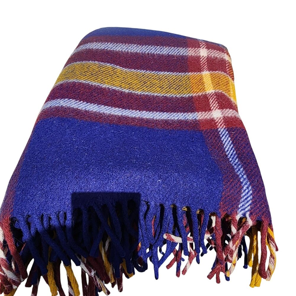 Vintage Woolcraft Robe Plaid Wool Blanket‎ Blue Burgundy Yellow Fringe 66x55 - Picture 2 of 4